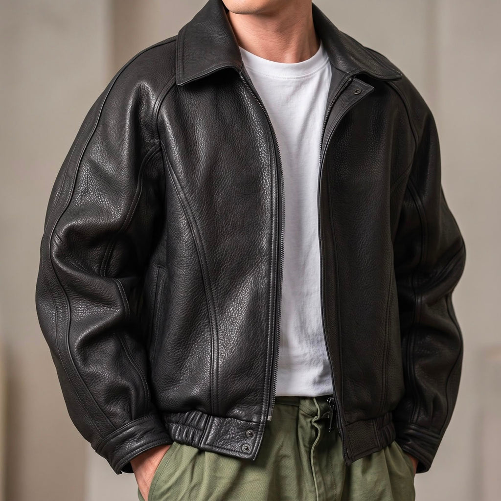 Men's Classic Leather Zip Bomber Jacket