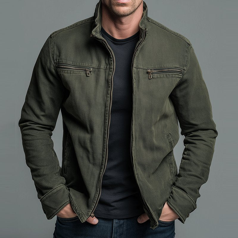 Men's Rugged Vintage Stand-Collar Cotton Zip Jacket