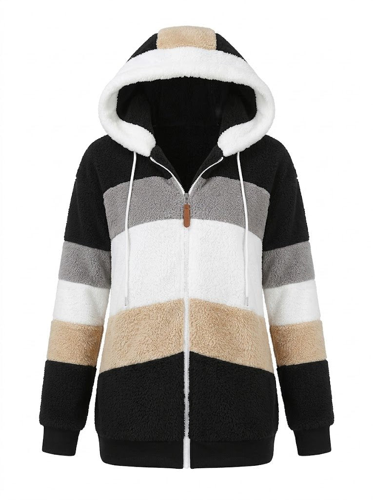 Women's Cosy Colour-Block Teddy Fleece Hooded Jacket
