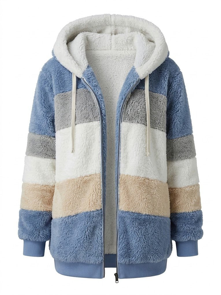 Women's Cosy Colour-Block Teddy Fleece Hooded Jacket