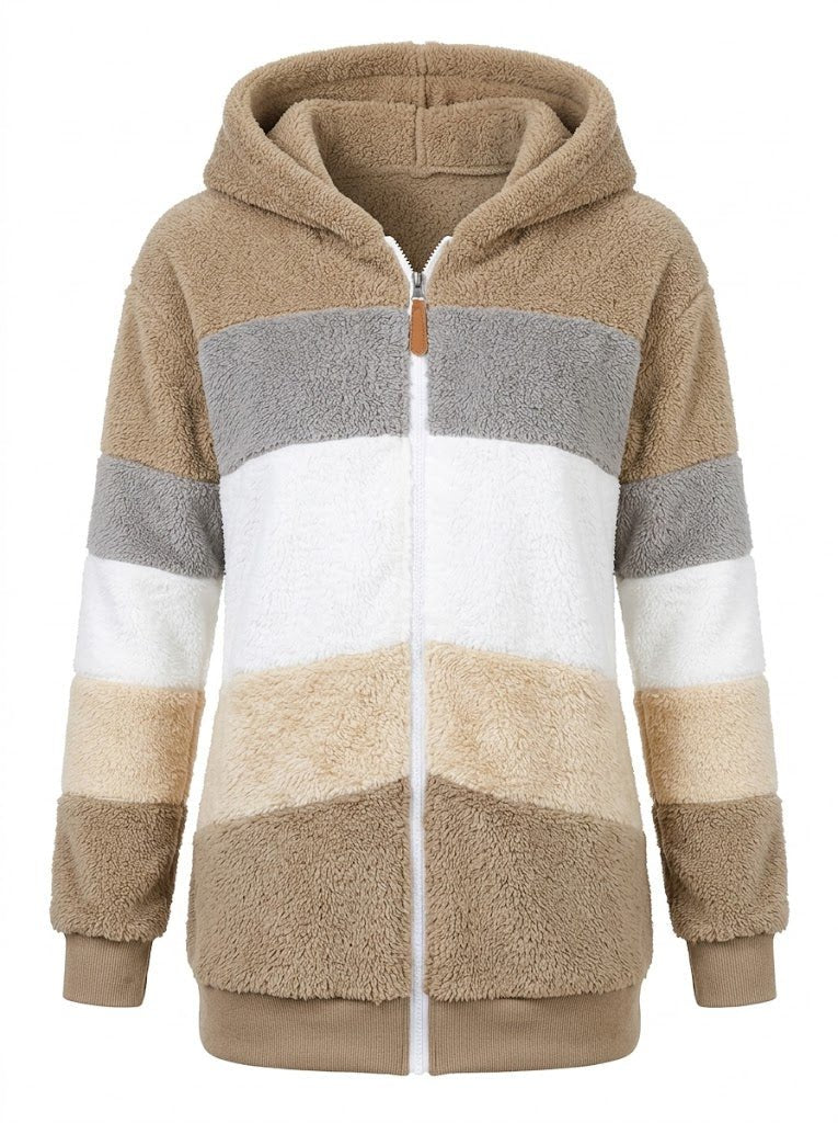 Women's Cosy Colour-Block Teddy Fleece Hooded Jacket