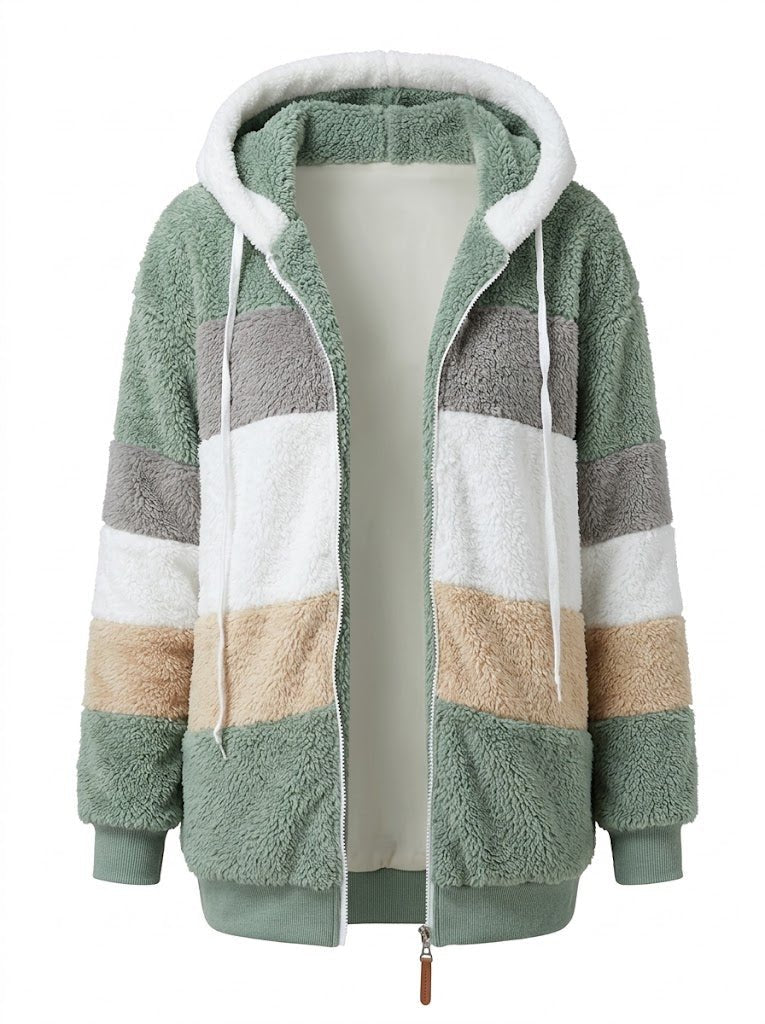 Women's Cosy Colour-Block Teddy Fleece Hooded Jacket