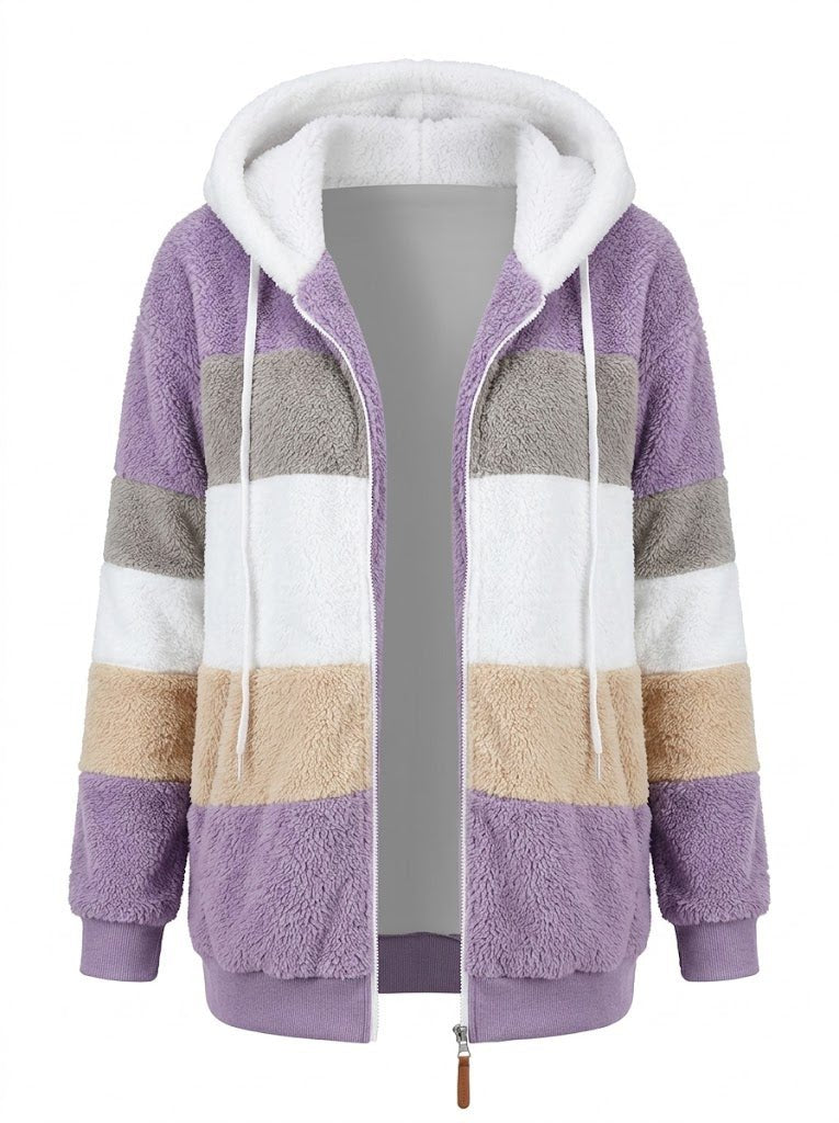 Women's Cosy Colour-Block Teddy Fleece Hooded Jacket