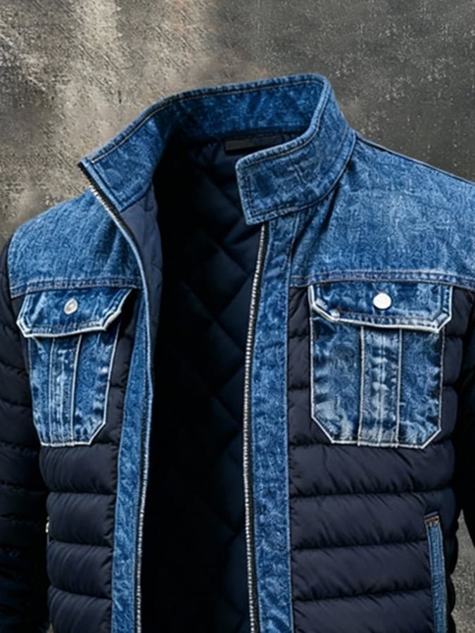 Men's Rugged Denim-Panel Puffer Jacket