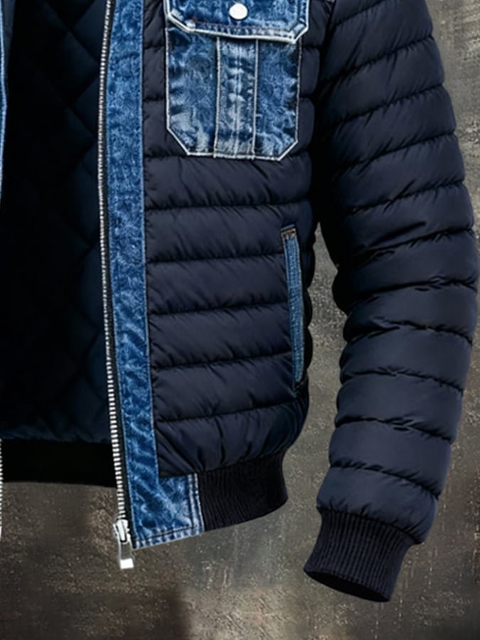 Men's Rugged Denim-Panel Puffer Jacket