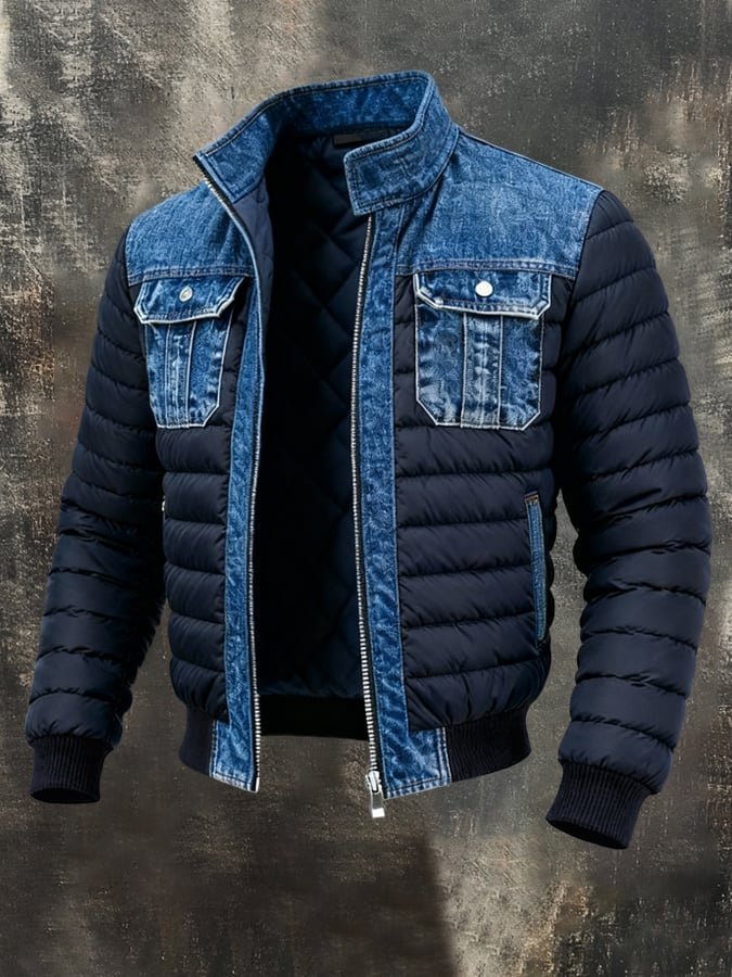 Men's Rugged Denim-Panel Puffer Jacket