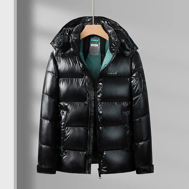Men's Sleek Hooded Gloss-Finish Down Puffer Jacket