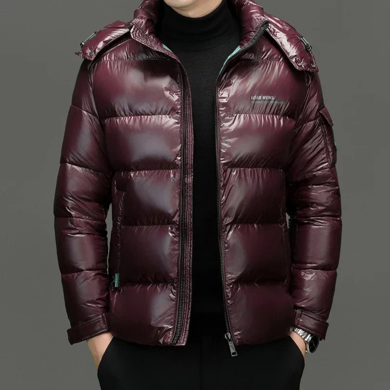 Men's Sleek Hooded Gloss-Finish Down Puffer Jacket