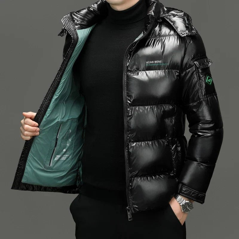 Men's Sleek Hooded Gloss-Finish Down Puffer Jacket