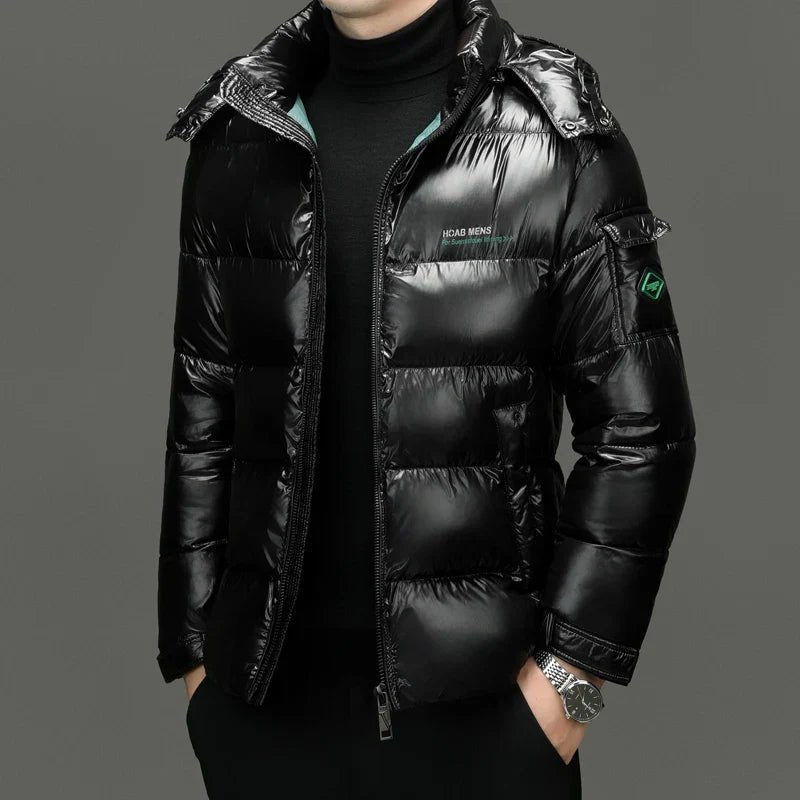 Men's Sleek Hooded Gloss-Finish Down Puffer Jacket