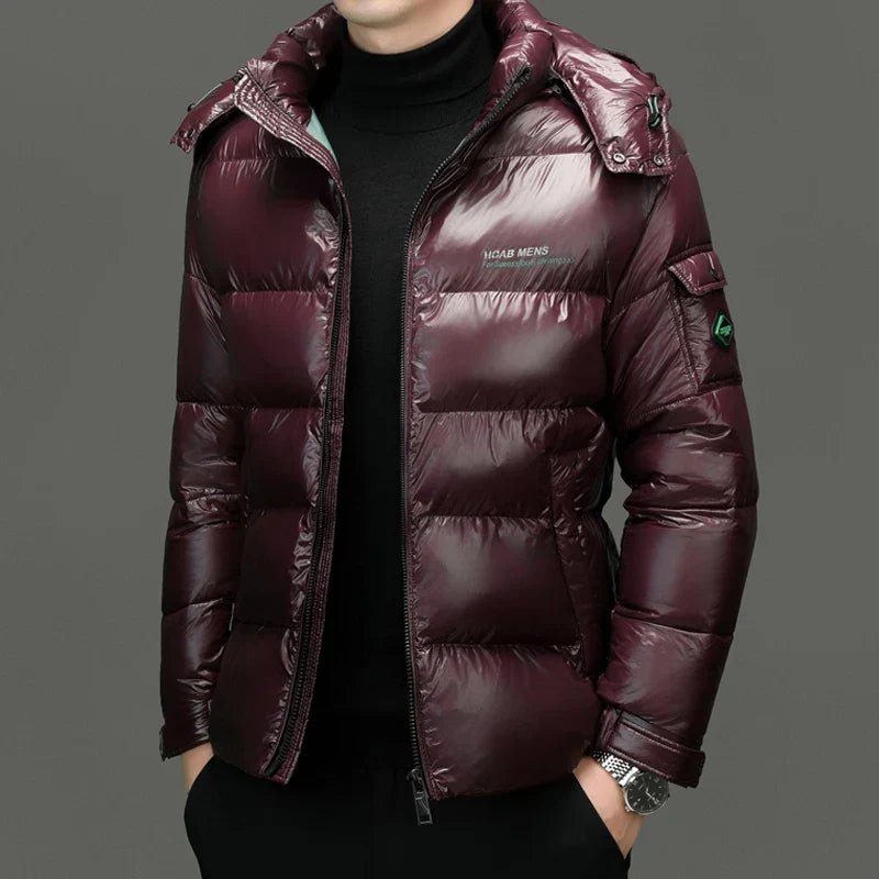Men's Sleek Hooded Gloss-Finish Down Puffer Jacket