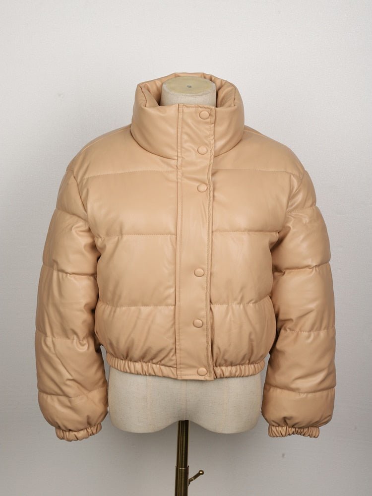 Women's Chic Cropped Faux Leather Puffer Jacket