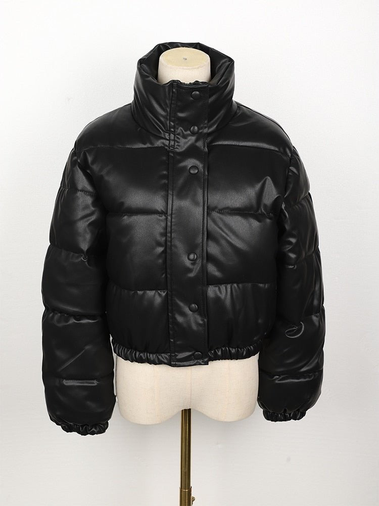 Women's Chic Cropped Faux Leather Puffer Jacket