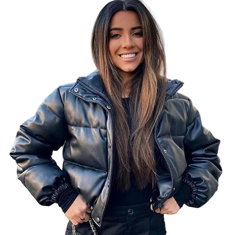 Women's Chic Cropped Faux Leather Puffer Jacket