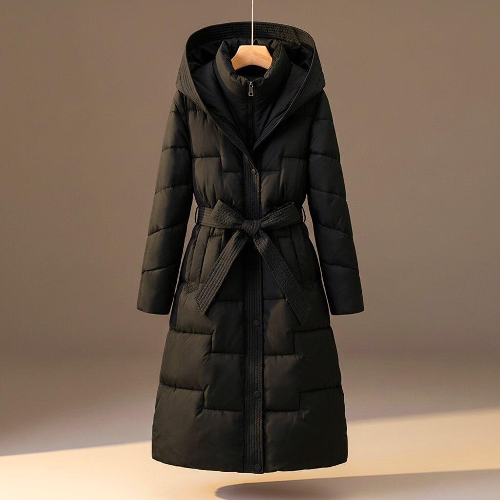 Women's Elegant Belted Quilted Hooded Coat