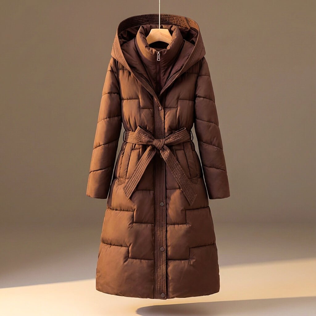 Women's Elegant Belted Quilted Hooded Coat