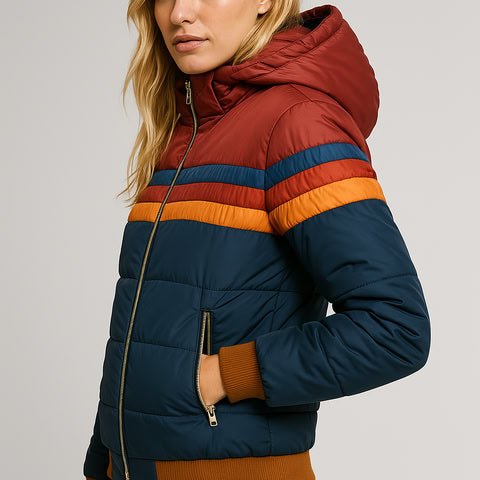 Women's Hooded Quilted Striped Puffer Jacket
