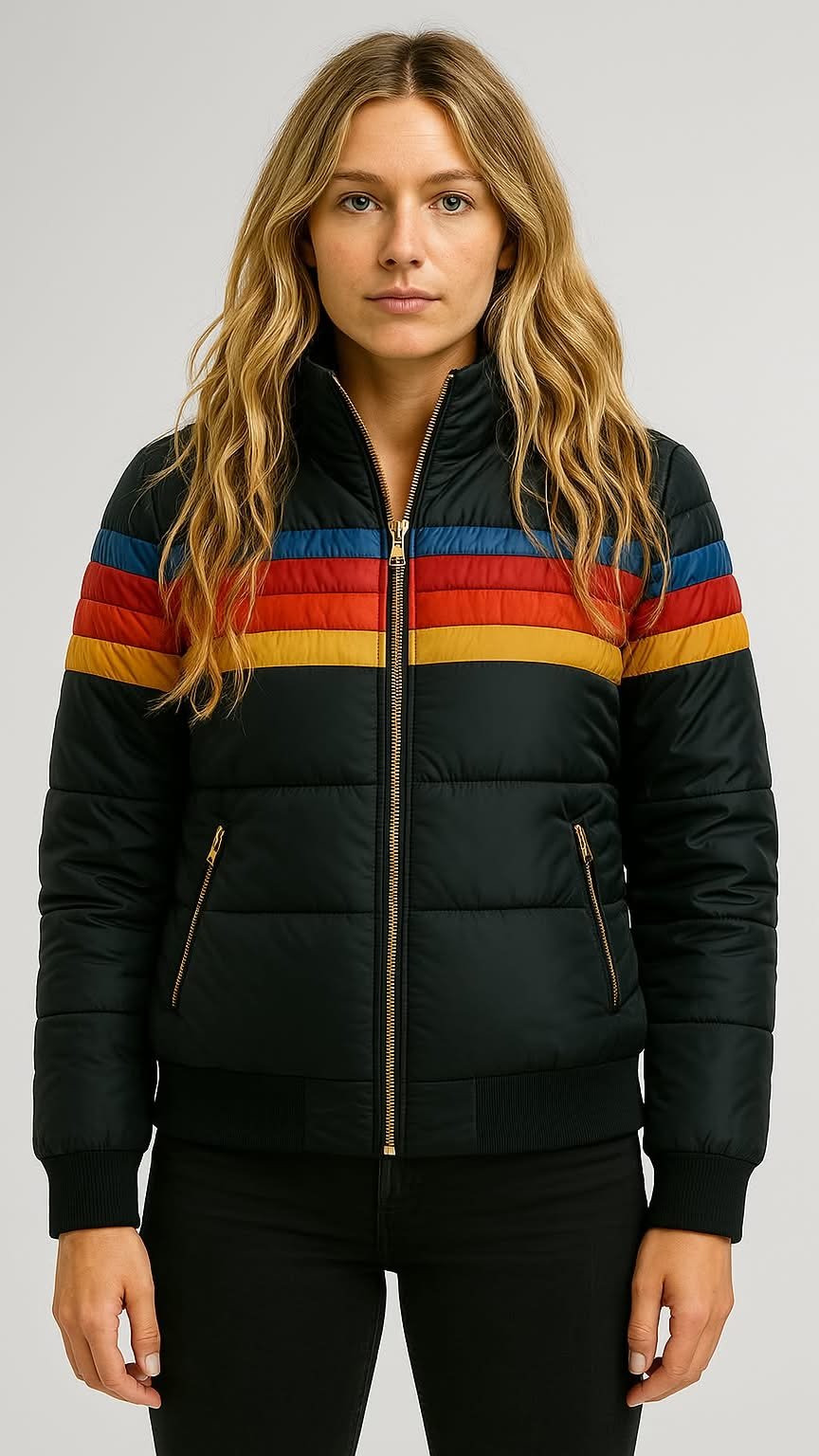 Women's Hooded Quilted Striped Puffer Jacket
