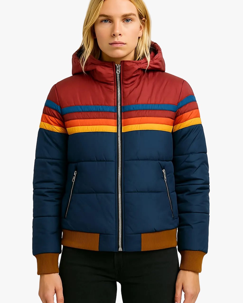 Women's Hooded Quilted Striped Puffer Jacket