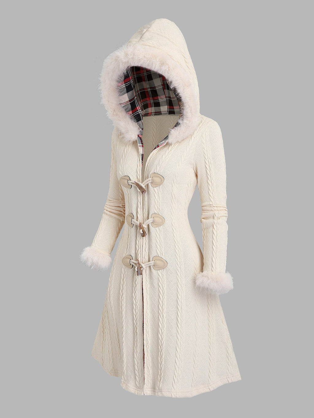 Women's Cosy Hooded Cable Knit Duffle Coat