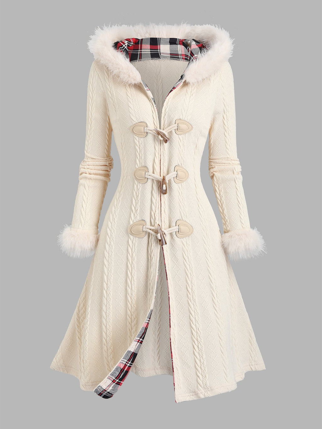 Women's Cosy Hooded Cable Knit Duffle Coat