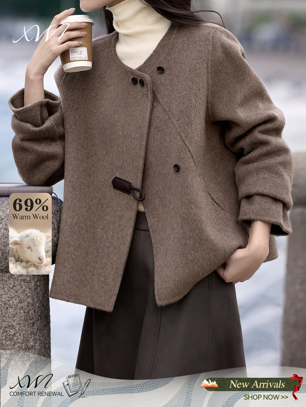 Women's Elegant Short Double-Breasted Wool Coat