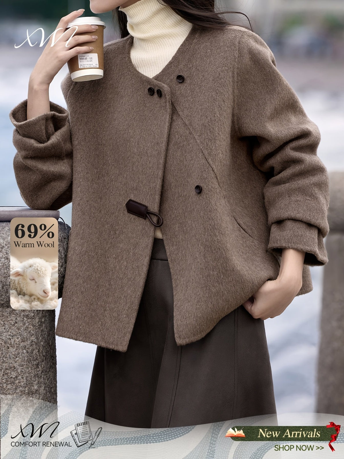 Women's Elegant Short Double-Breasted Wool Coat
