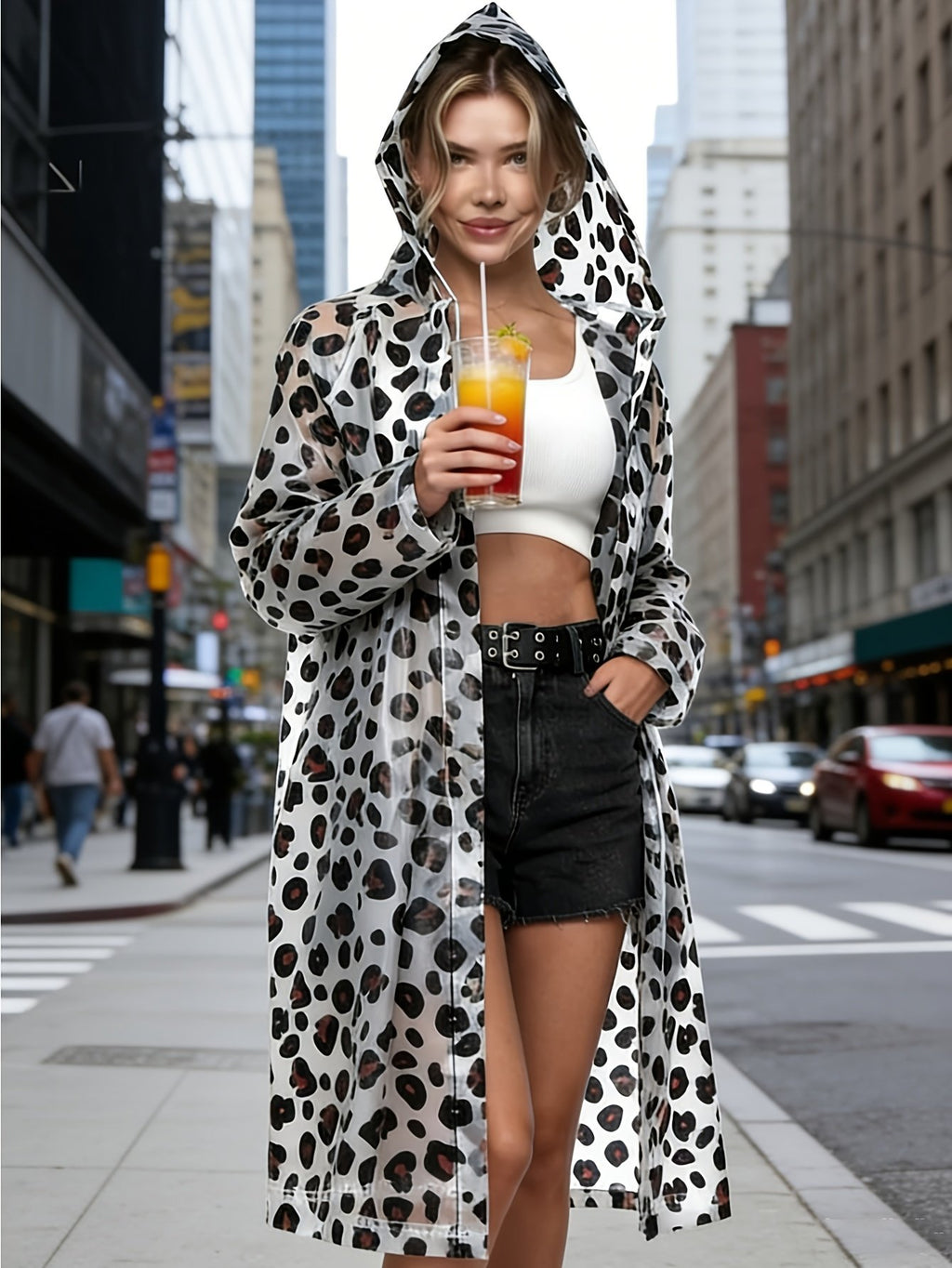 Women's Charming Leopard Print Hooded Rain Poncho
