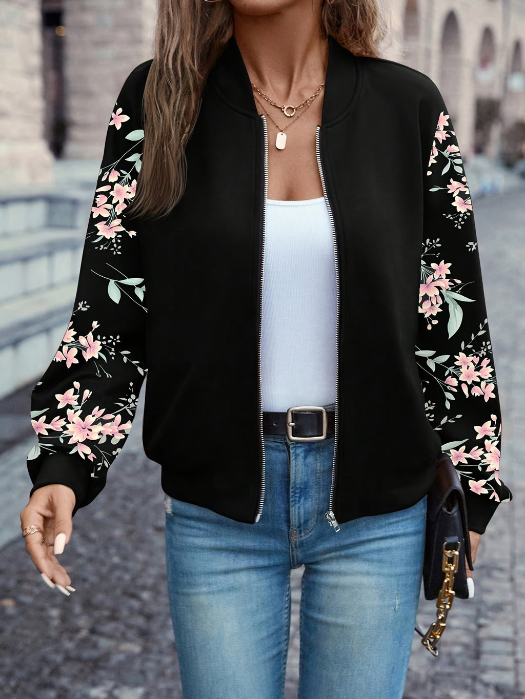 Women's Charming Floral-Sleeve Bomber Jacket