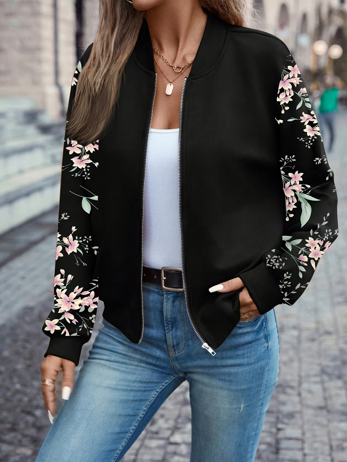 Women's Charming Floral-Sleeve Bomber Jacket