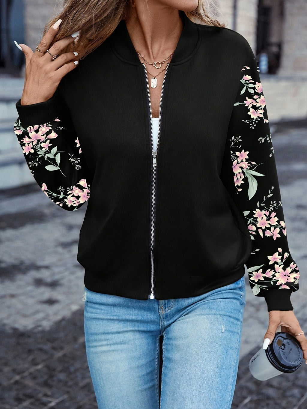 Women's Charming Floral-Sleeve Bomber Jacket