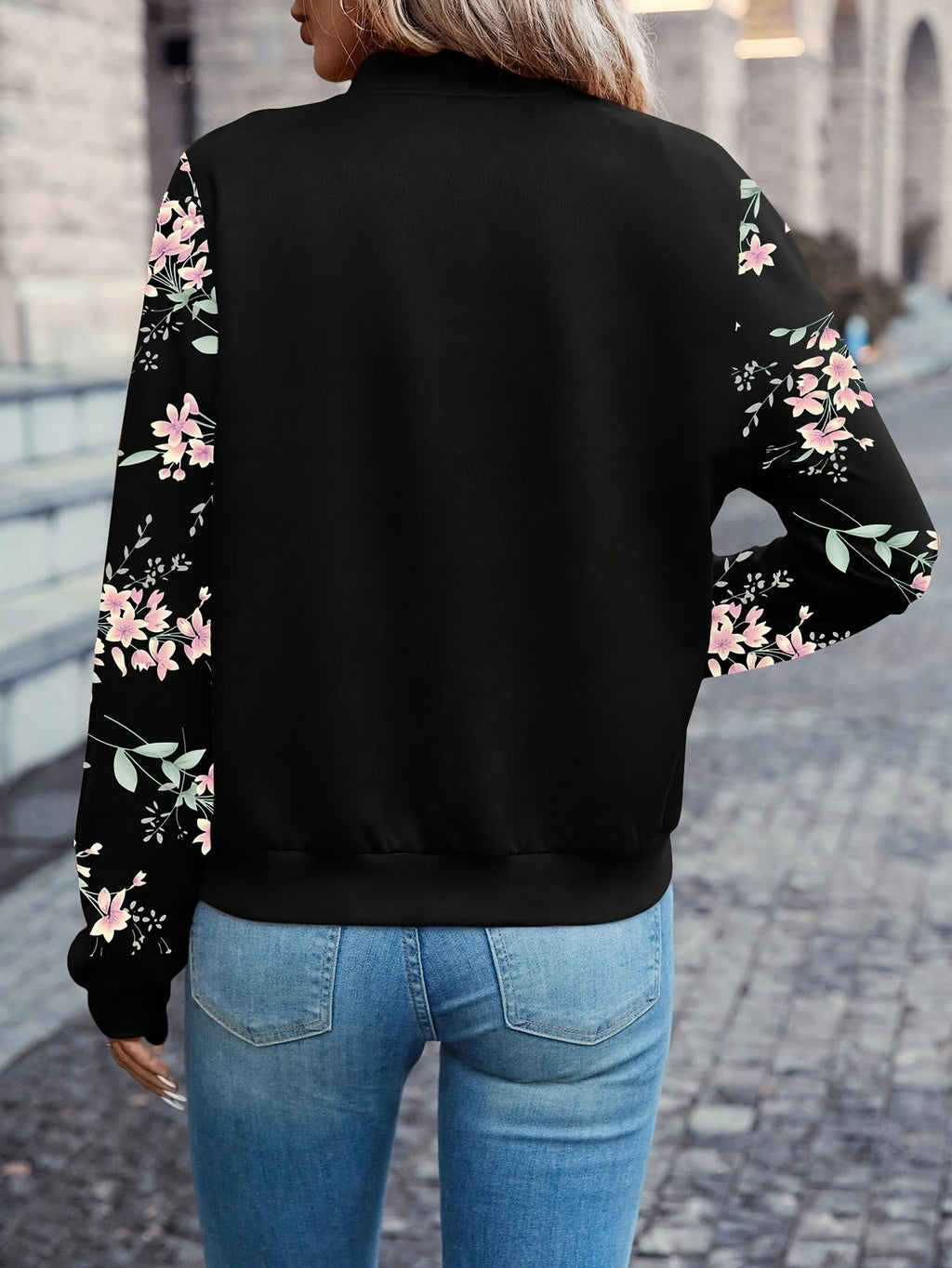 Women's Charming Floral-Sleeve Bomber Jacket