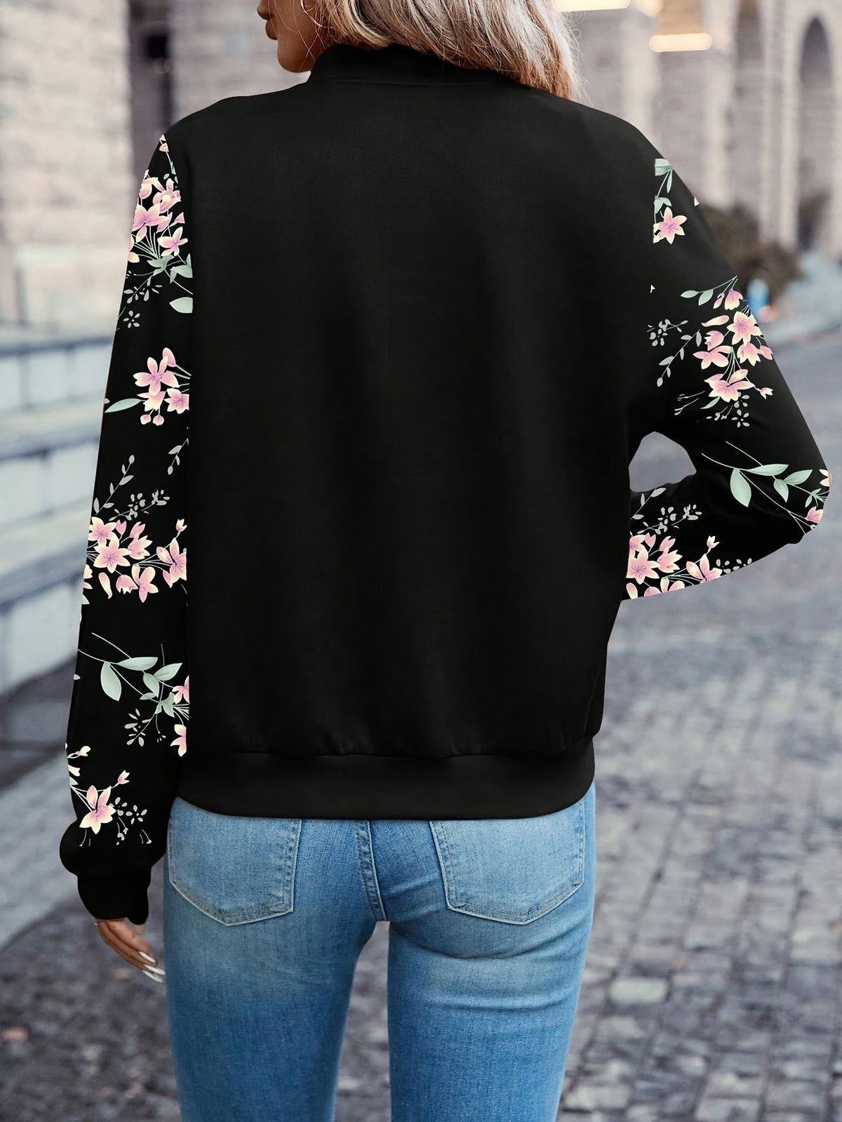 Women's Charming Floral-Sleeve Bomber Jacket
