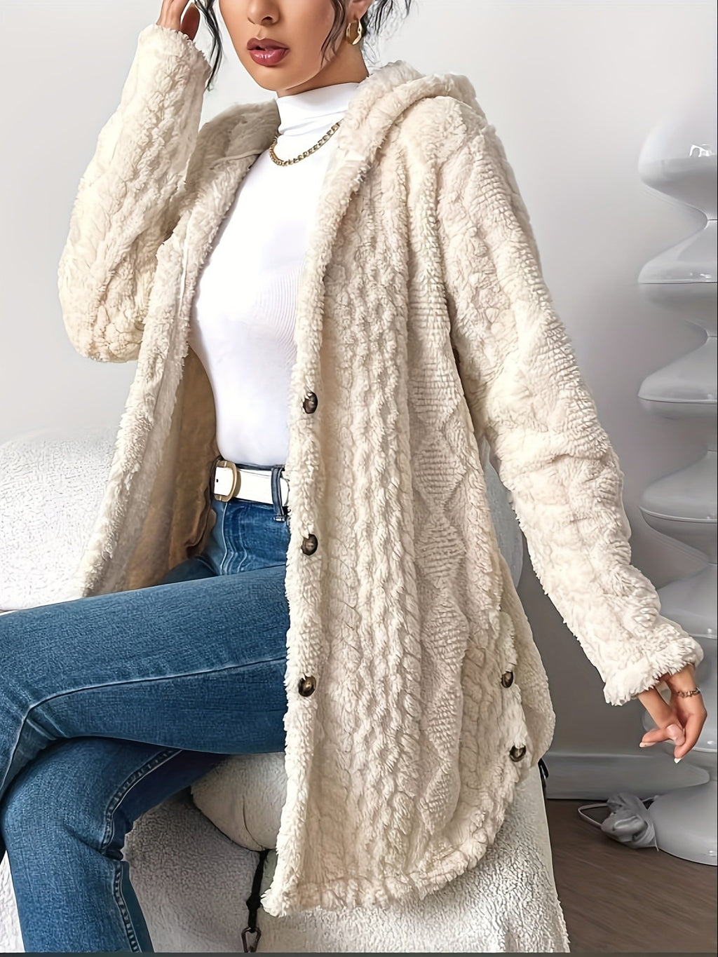 Women's Cosy Hooded Jacquard Cardigan Coat
