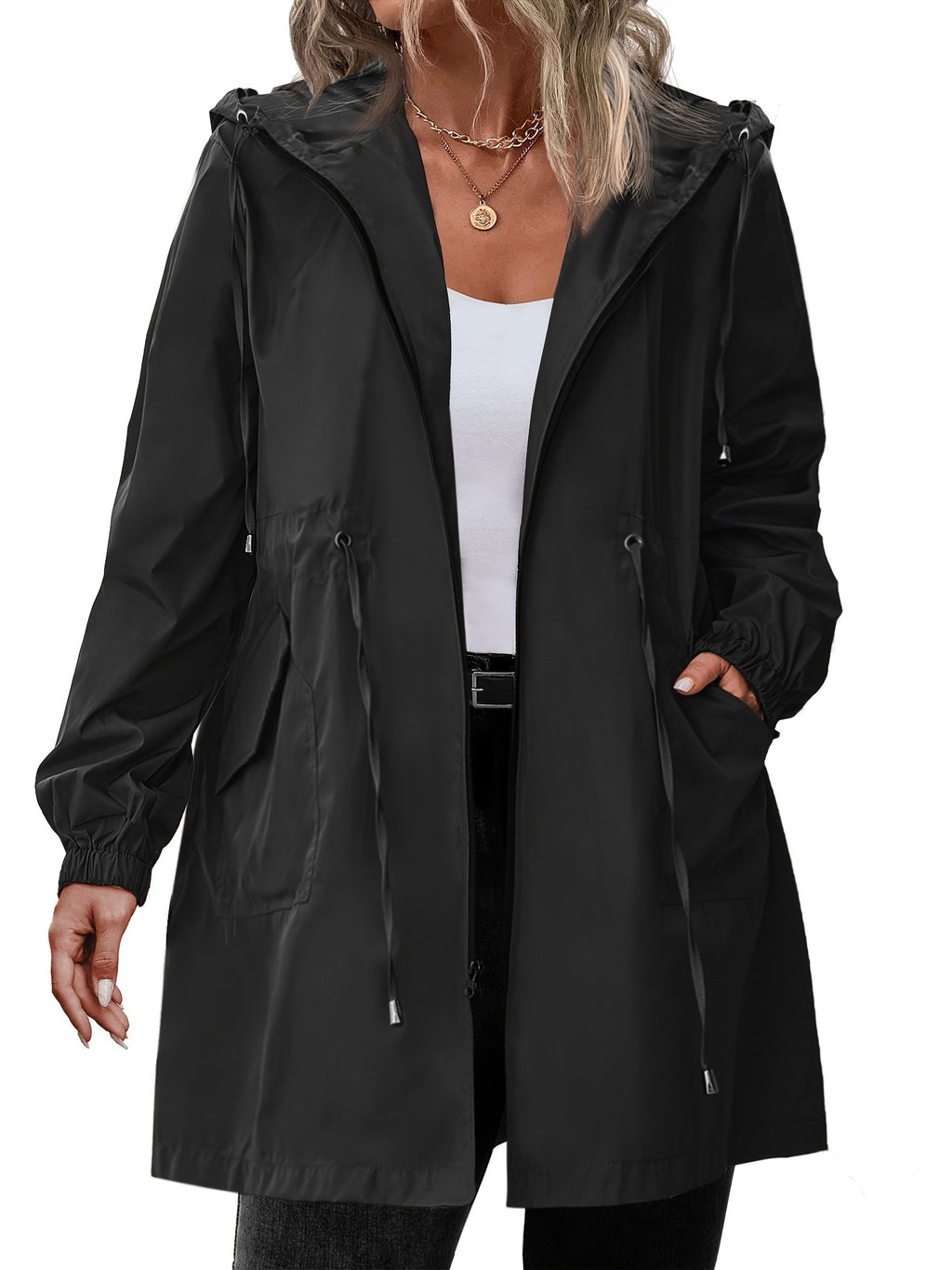 Women's Lightweight Hooded Drawstring Rain Jacket