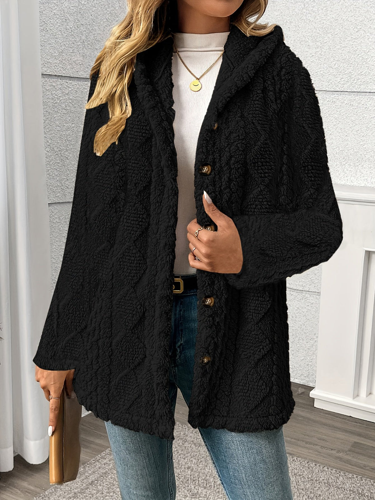Women's Cosy Textured Hooded Teddy Coat