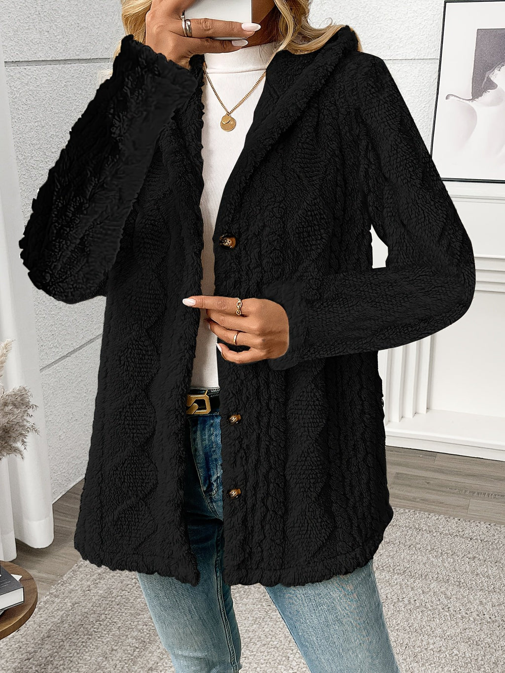 Women's Cosy Textured Hooded Teddy Coat