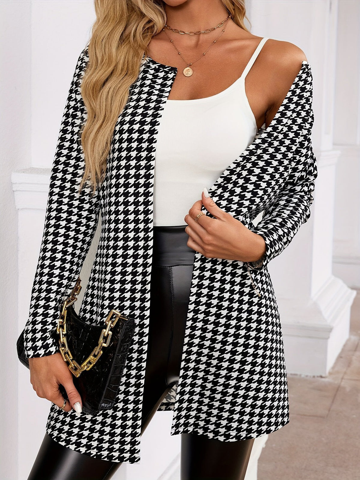 Women's Elegant Houndstooth Open-Front Longline Cardigan