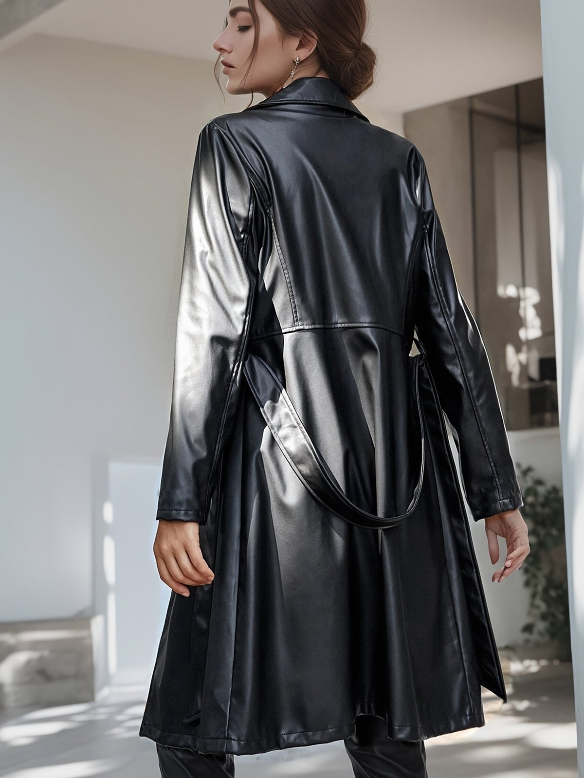 Women's Elegant Belted Faux Leather Trench Coat