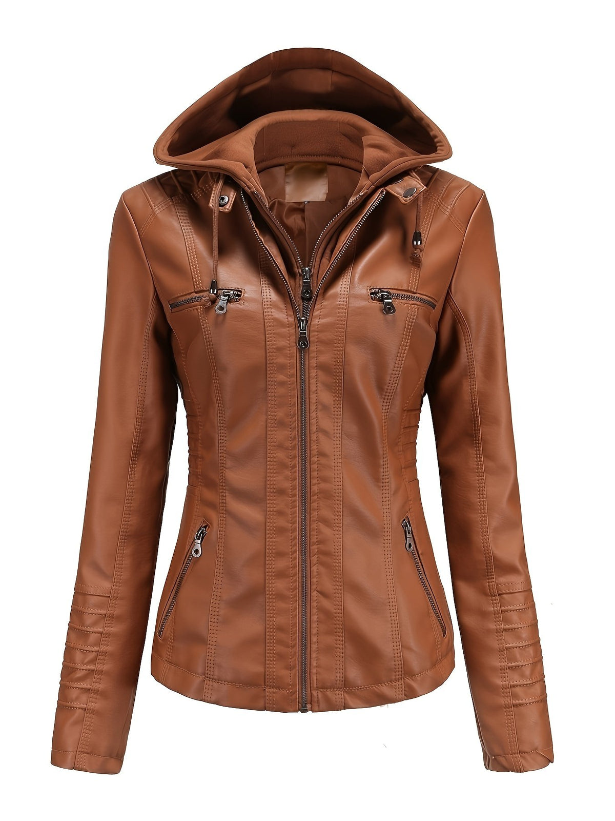 Women's Sleek Hooded Faux Leather Moto Jacket