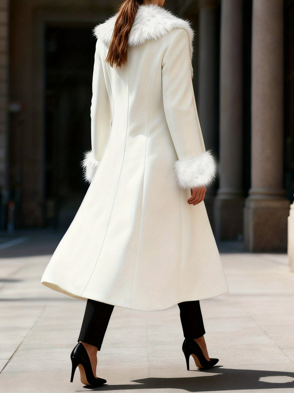Women's Elegant Fur-Trimmed Flared Coat