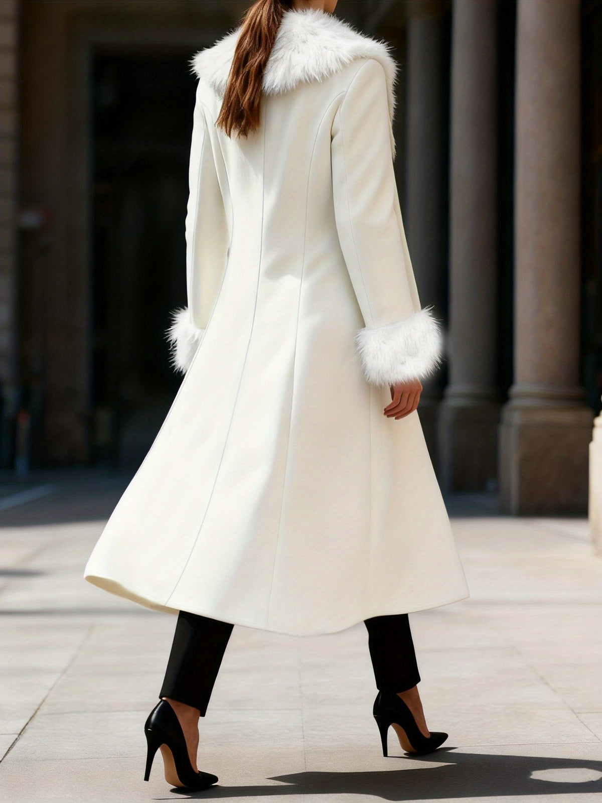 Women's Elegant Fur-Trimmed Flared Coat