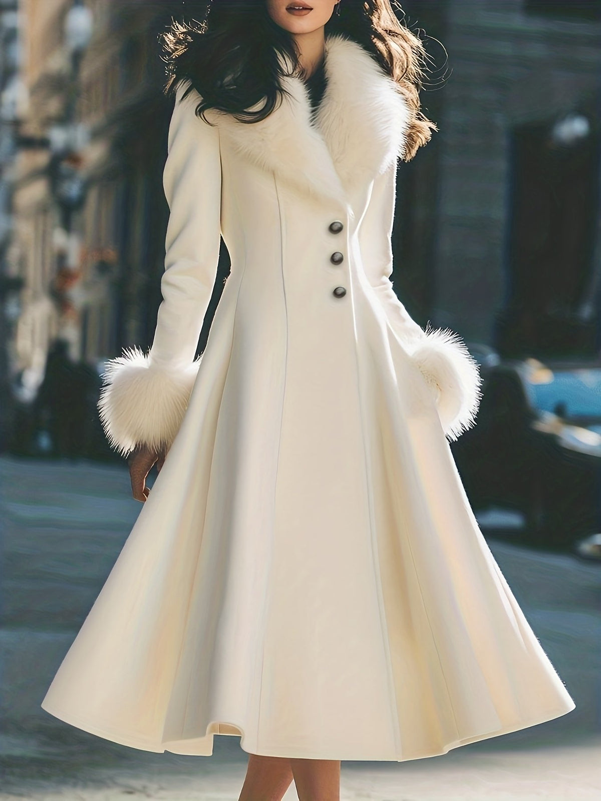 Women's Elegant Fur-Trimmed Flared Coat