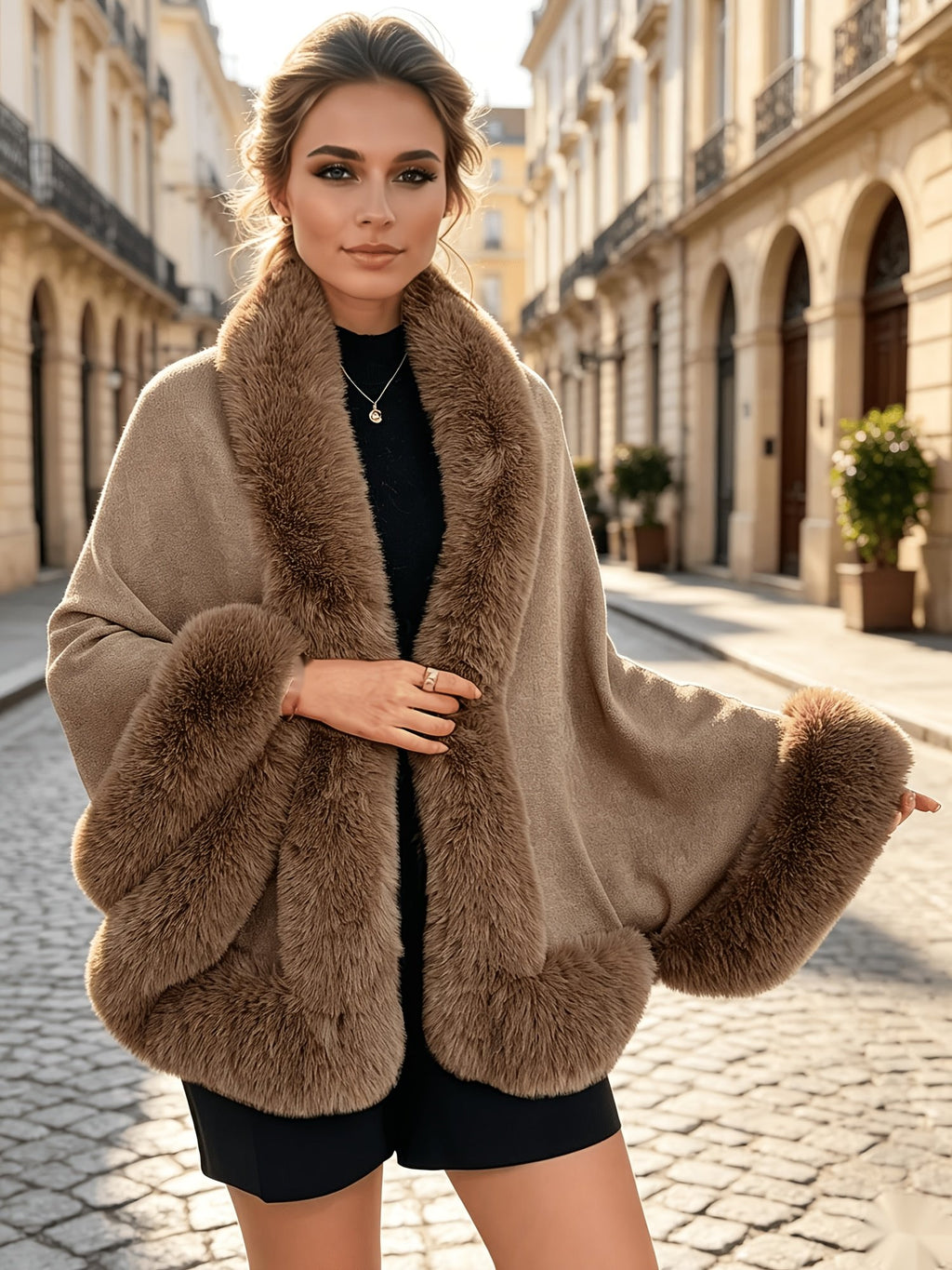 Women's Elegant Faux Fur Trim Shawl Coat