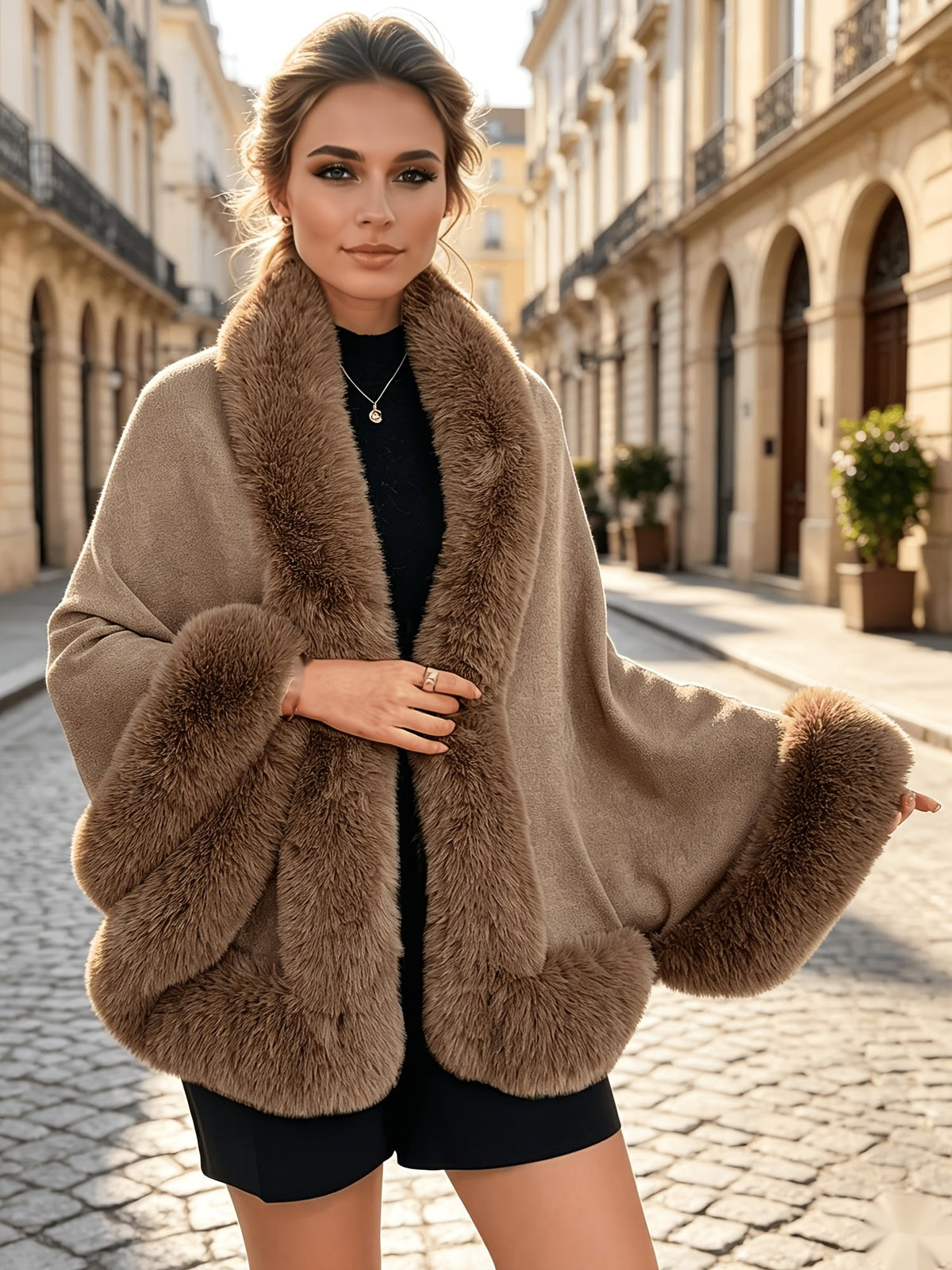 Women's Elegant Faux Fur Trim Shawl Coat