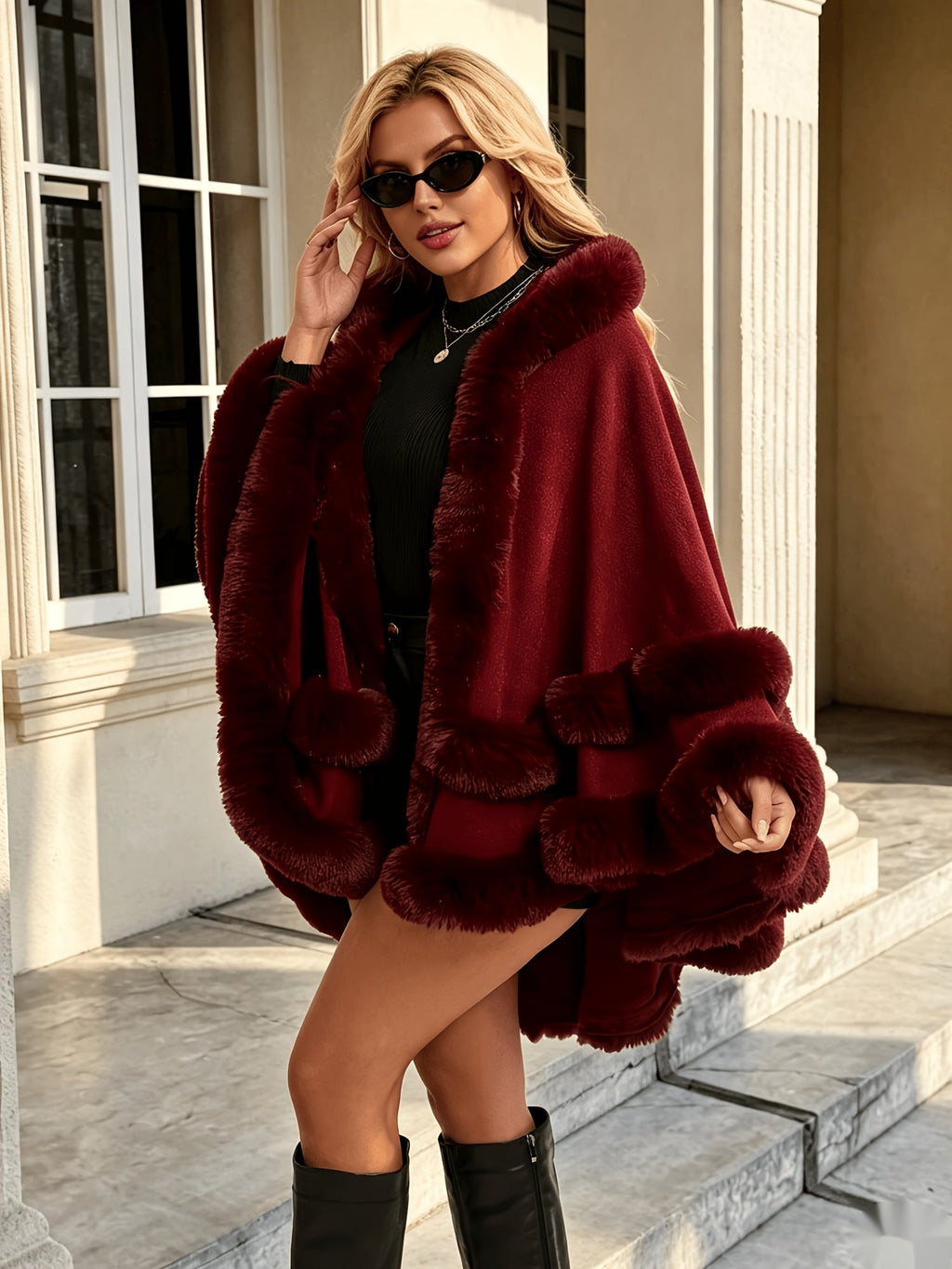 Women's Elegant Hooded Fur Trim Coat