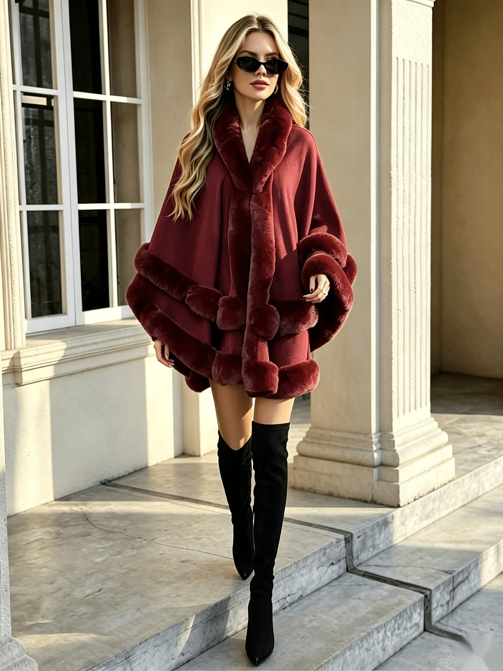 Women's Elegant Hooded Fur Trim Coat