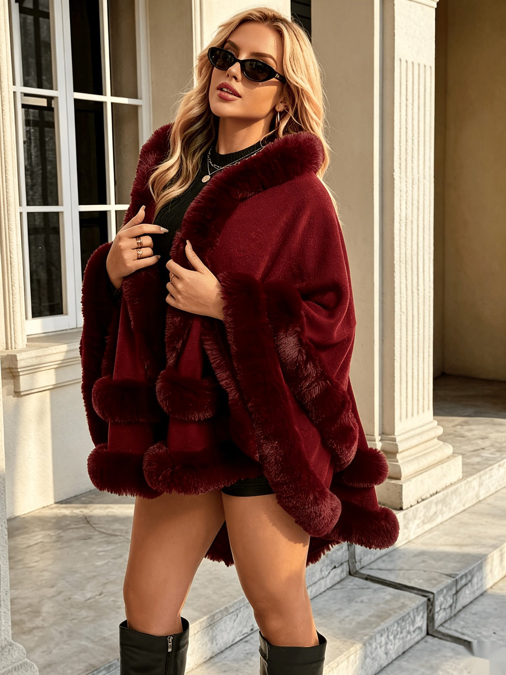 Women's Elegant Hooded Fur Trim Coat