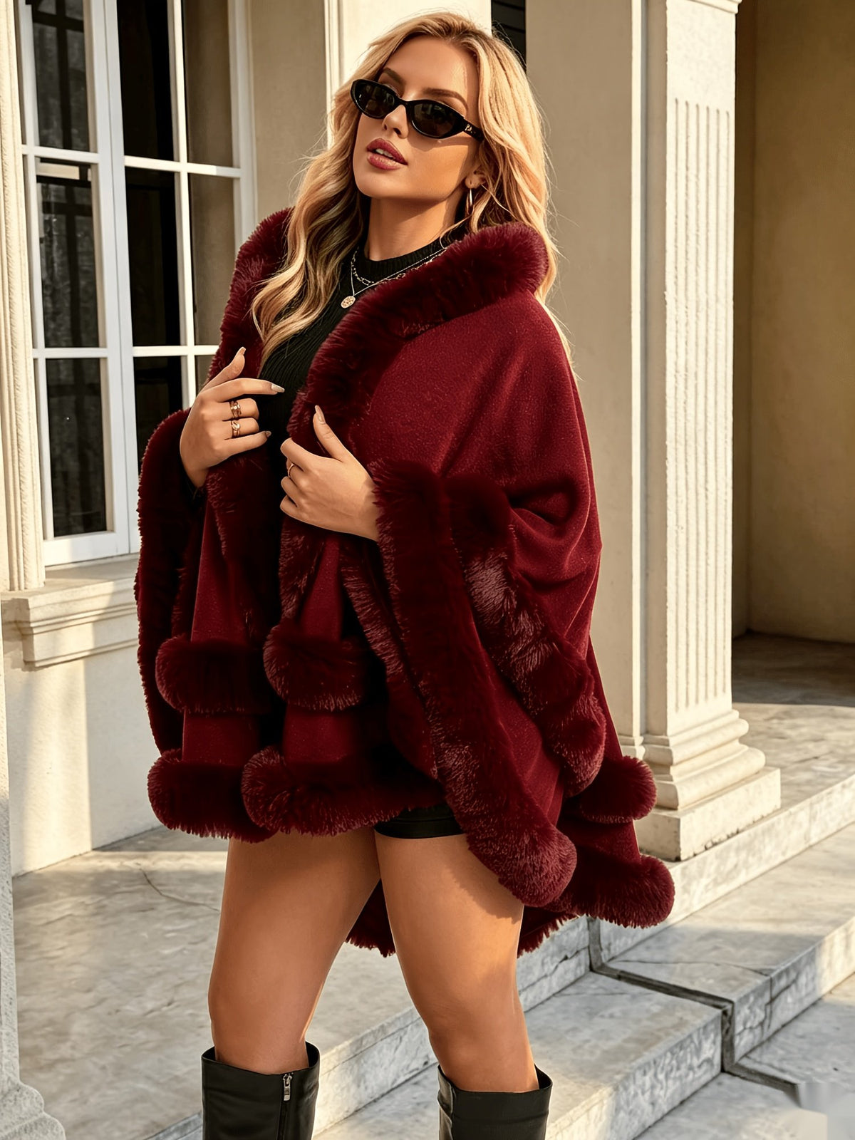 Women's Elegant Hooded Fur Trim Coat
