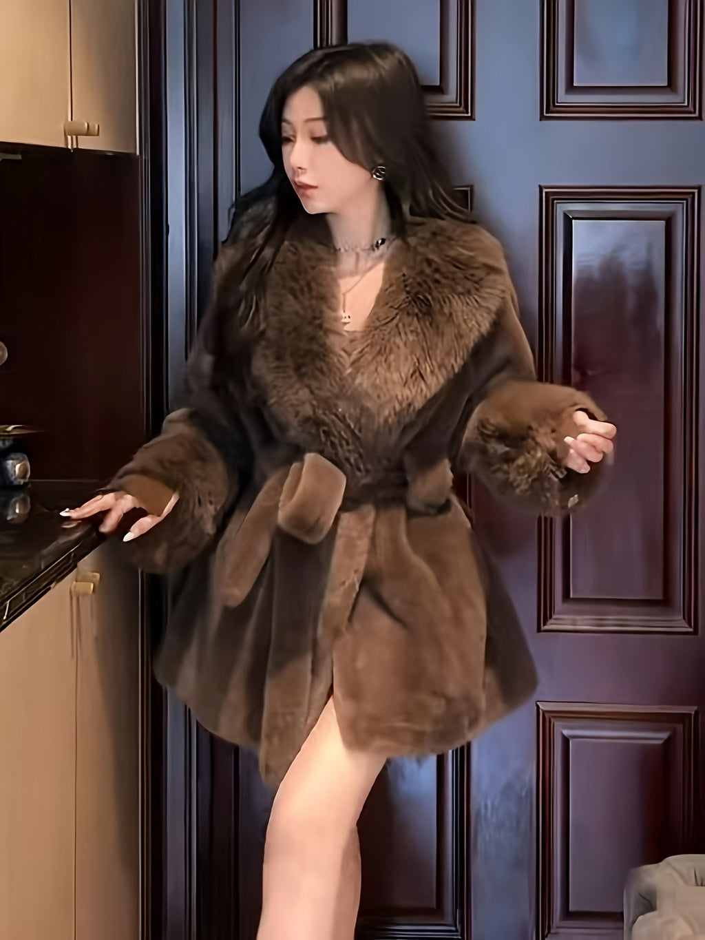 Women's Elegant Faux Fur Collar Belted Coat